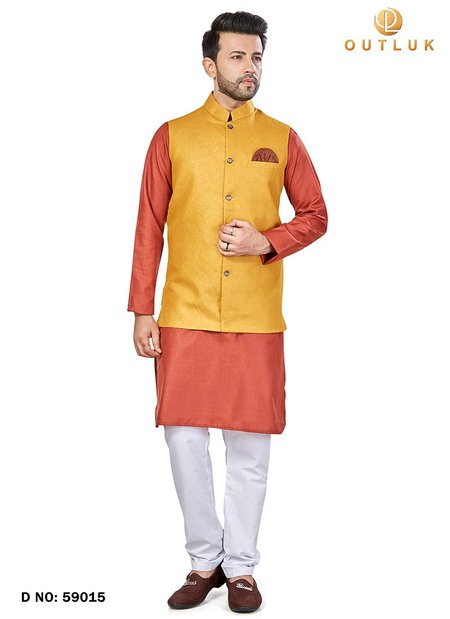 Yellow Outluk Vol 59 Wedding Wear Kurta Pajama With Jacket Mens Latest Collection 59015
